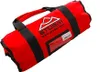A red tool bag with black straps and handles, lying diagonally on a white background. The bag has a logo and website address printed on it, as well as a clear plastic window. Produktbild-Vorschau