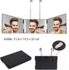 A tri-fold mirror with LED lights, shown with a man using an electric razor, and also showing the product's accessories and dimensions. Produktbild-Vorschau