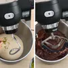 A split image showing a kitchen mixer with two different attachments and ingredients. Produktbild-Vorschau