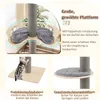 A collage of images showcasing different features of a cat tree, including a large curved platform, a cat scratching a post, and a padded jumping platform. Produktbild-Vorschau
