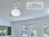 A smoke detector being installed on a ceiling, with text indicating ease of installation. Produktbild-Vorschau