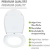 A white toilet seat is shown open, with text describing its features in both German and English. Anteprima dell’immagine prodotto