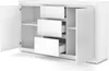 A white sideboard with its doors and drawers open, revealing the interior shelves and drawers. Náhled obrázku produktu