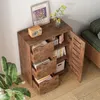 A retro-style wooden cabinet with open drawers and a cabinet door, displaying books, files, and decorative items in a living room setting. Náhľad obrázku produktu