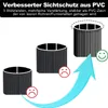Diagram showing three different types of PVC privacy screens, with a progression from a less stable to a more stable option, indicated by emojis and an upward arrow. Produktbild-Vorschau