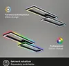 A modern ceiling light fixture shown in two configurations: one with white light and another with RGB color-changing light, illustrating its features. Produktbild-Vorschau