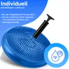 A blue balance cushion with a hand pump, with German text describing its features. Voir les images du produit