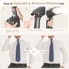 Collage showing how to use a handheld garment steamer and a before-and-after comparison of a wrinkled shirt. Náhľad obrázku produktu