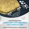 A close-up of a gold leaf-patterned toilet seat with mounting hardware and text overlays. Produktbild-Vorschau