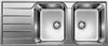 A top-down view of a double-basin stainless steel kitchen sink with a draining board. Produktbild-Vorschau