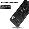 A black phone case with a ring holder and camera protection is shown at an angle, with shattered pieces below it, suggesting it is drop-proof. Produktbild-Vorschau