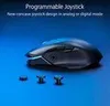 A gaming mouse with interchangeable joystick parts, set against a blue background. Produktbild-Vorschau