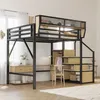 A loft bed with a desk and storage shelves underneath, set up in a room with natural light. Voir les images du produit