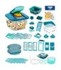 A collage of various components of a vegetable dicer set, including the main unit, different blades, containers, and accessories. Produktbild-Vorschau