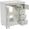 A white bathroom vanity with a ceramic sink and open doors and drawers, showing the interior shelves and drawers. Produktbild-Vorschau