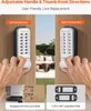 Demonstration of a keyless door lock's adjustable handle and thumb knob directions for left and right-handed doors, with additional details on latch bolts and base plate size. Anteprima dell’immagine prodotto
