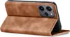 A brown leather flip case for a smartphone is shown from the back, with the phone partially inserted. Produktbild-Vorschau