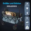 A blue and gray foldable wagon filled with items, with marketing text and icons on the right. Voir les images du produit