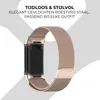 A close-up shot of a rose gold Milanese loop watch band attached to a black fitness tracker, with marketing text overlayed. Produktbild-Vorschau