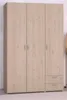 A three-door wardrobe with two drawers at the bottom right, shown against a light gray textured wall. Produktbild-Vorschau