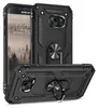 A black protective phone case with a ring stand is shown from multiple angles, with a Samsung phone visible in the background. Produktbild-Vorschau