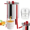 A honey extractor with honey being dispensed into a bucket, along with a jar of honey and honeycomb. Produktbild-Vorschau
