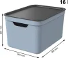 A light blue storage box with a gray lid is shown with dimensions indicated by measurement lines and text. Produktbild-Vorschau