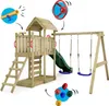 A wooden playground set with a slide, swings, ladder, and climbing wall. Náhľad obrázku produktu
