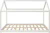 A white house-shaped bed frame with a wooden slat mattress support, shown from the front. Náhled obrázku produktu