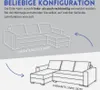 Diagrams showing two configurations of a sofa with text explaining its versatility. Produktbild-Vorschau