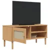 A television set is placed on a wooden TV stand with a rattan-effect door. Podgląd zdjęcia produktu