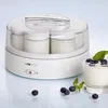 A white yogurt maker with several glass jars filled with yogurt, placed on a reflective surface with blueberries and mint leaves. Produktbild-Vorschau