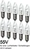 A collection of ten clear, candle-shaped light bulbs with silver bases, arranged in two rows on a white background. Text indicating voltage and intended use is present below the bulbs. Produktbild-Vorschau