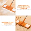 A collage of images showing an orange mop head cleaning different types of messes on a wooden floor. Produktbild-Vorschau