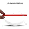 A hand holding a red phone case with feathers floating around it. Produktbild-Vorschau