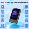 A digital music player is displayed on a glowing platform, surrounded by icons and musical notes, highlighting its features. Produktbild-Vorschau