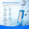 A water filter cartridge is shown with icons illustrating what it filters out, set against a background of splashing water. Anteprima dell’immagine prodotto
