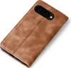 A brown leather flip case for a smartphone is shown on a white background. Produktbild-Vorschau