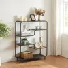 A black and oak-effect shelving unit with decorative items on display. Produktbild-Vorschau