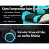 A split image showing details of a gaming chair. The top half highlights material quality with text and a cross-section of the chair. The bottom half shows a close-up of a wheel and text about its functionality. Produktbild-Vorschau