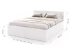 A white bed frame with storage drawers and a headboard, shown with bedding and pillows. Dimensions are indicated with measurement lines and text. Produktbild-Vorschau