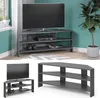 A corner TV stand with a television and accessories, shown in multiple views. Produktbild-Vorschau