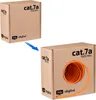 A cardboard box with an orange cable coiled inside, shown with an arrow indicating it is being pulled out of a closed box. Produktbild-Vorschau