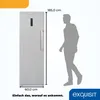 A refrigerator is shown next to a silhouette of a person to indicate its size, with dimensions and branding displayed. Produktbild-Vorschau