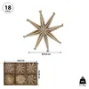 A straw star ornament is shown from above, with a box of smaller straw ornaments below. Dimensions and quantity information are provided. Produktbild-Vorschau