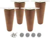 Four wooden furniture legs with silver square tops are arranged on a white background. Below the legs are screws and felt pads. Podgląd zdjęcia produktu