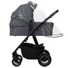 A side view of a gray baby stroller with a clear rain cover. Produktbild-Vorschau