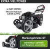 A lawnmower with text overlays describing its features. Produktbild-Vorschau