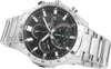 A close-up studio shot of a silver Casio Edifice chronograph watch with a black dial, set against a white background. Voir les images du produit