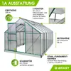 A diagrammatic marketing image of a green aluminum greenhouse with feature callouts. Produktbild-Vorschau